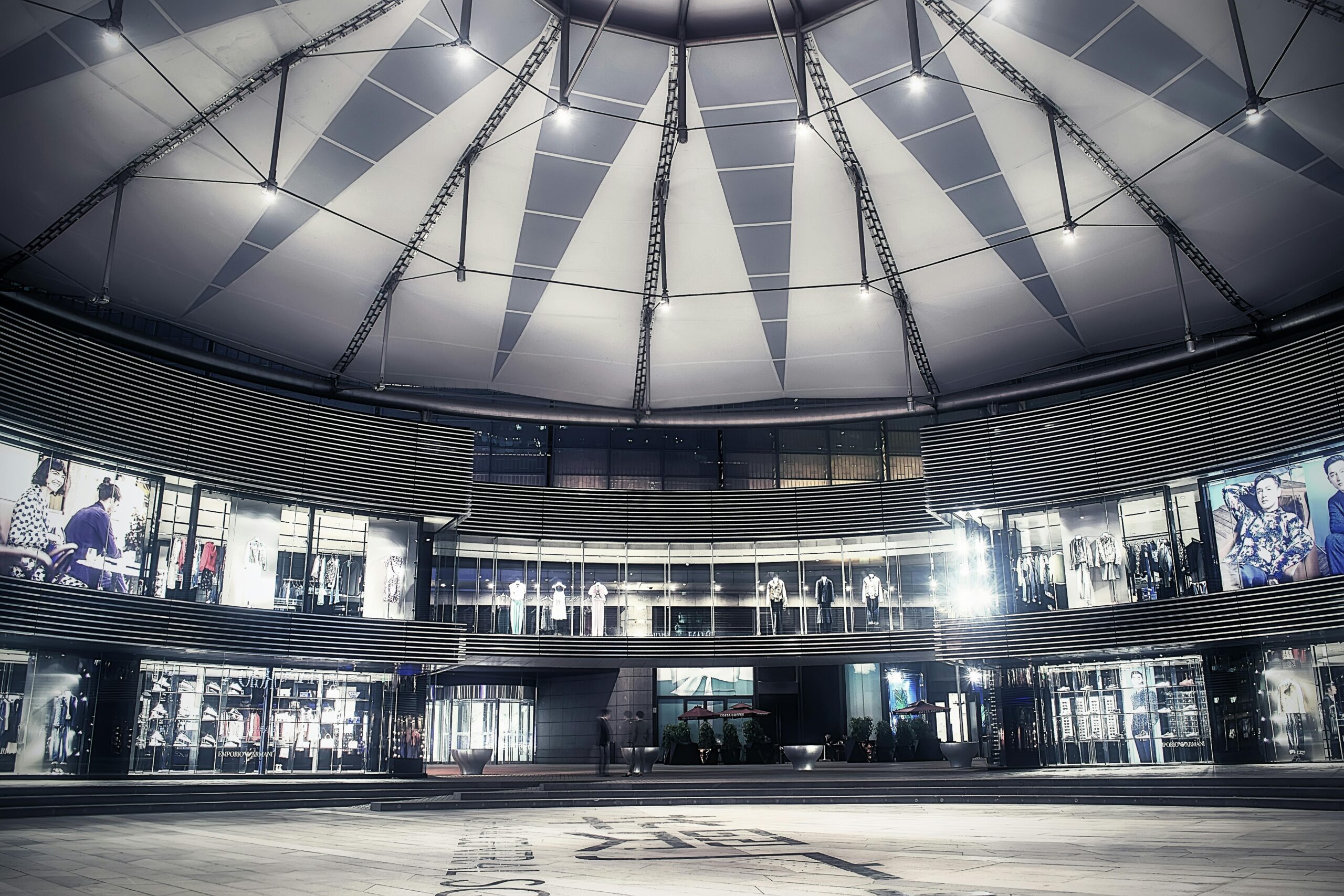 Interior of a mall filled with direct sales stores